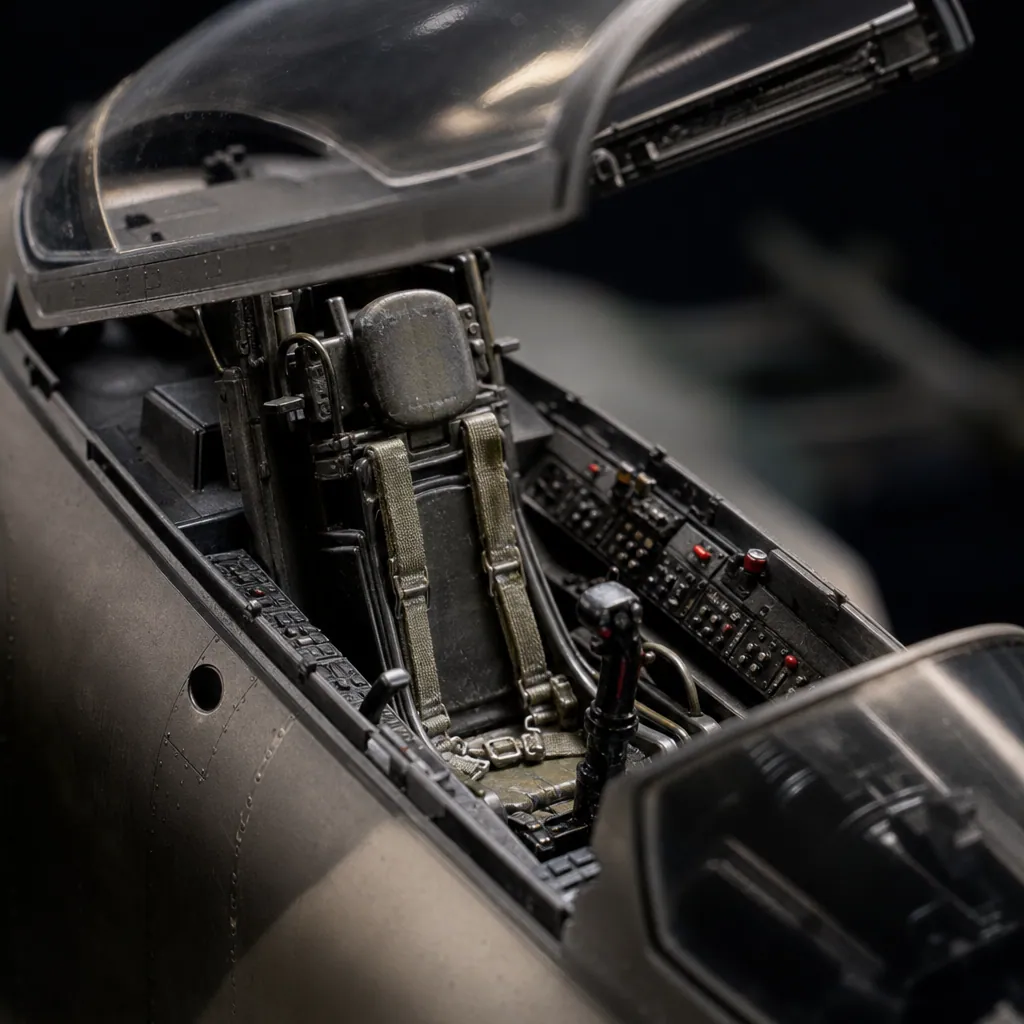 Détail de cockpit miniature avec siège instruments et verrière