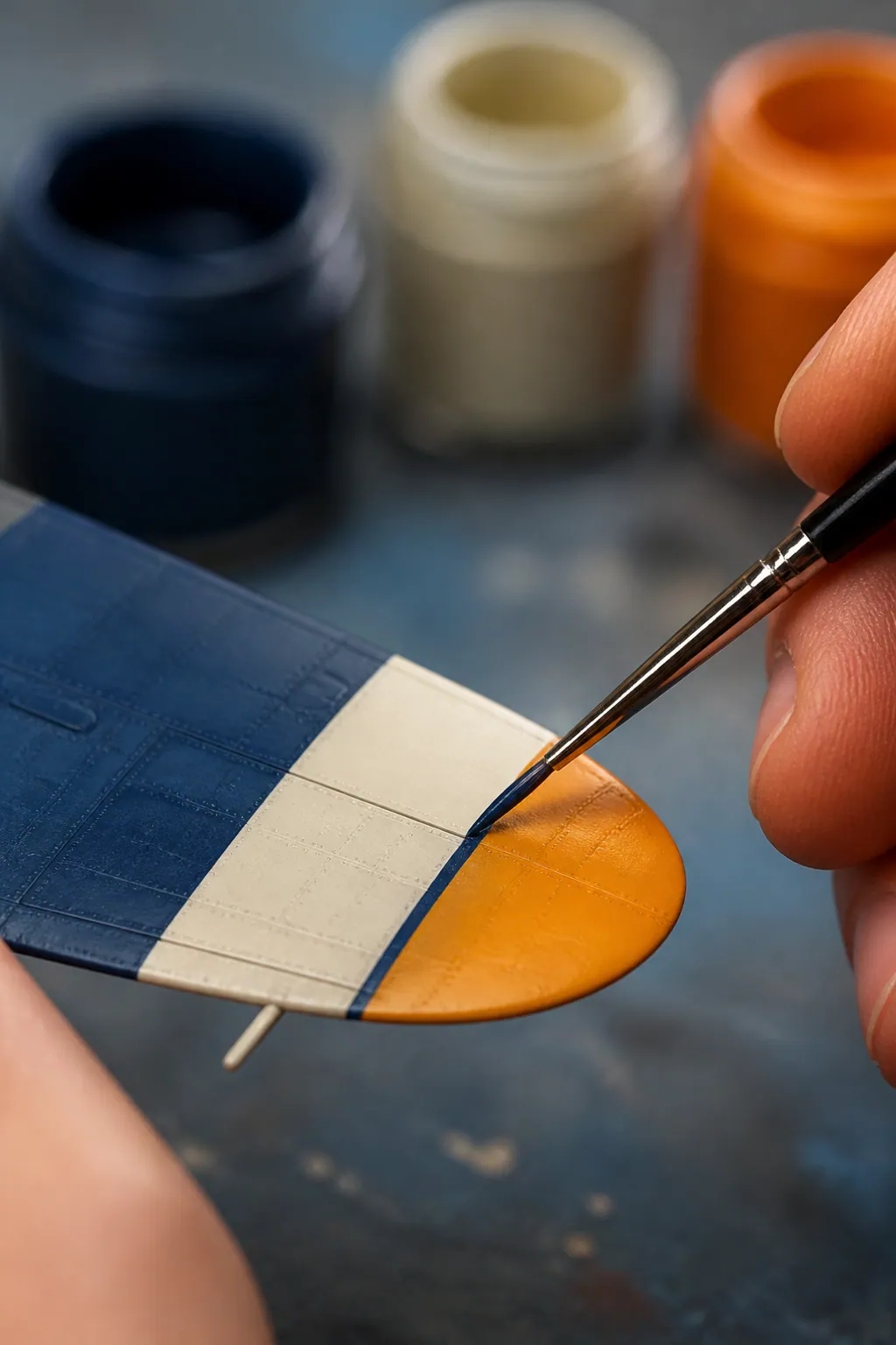 Application précise de peinture sur une aile de maquette avec un pinceau fin