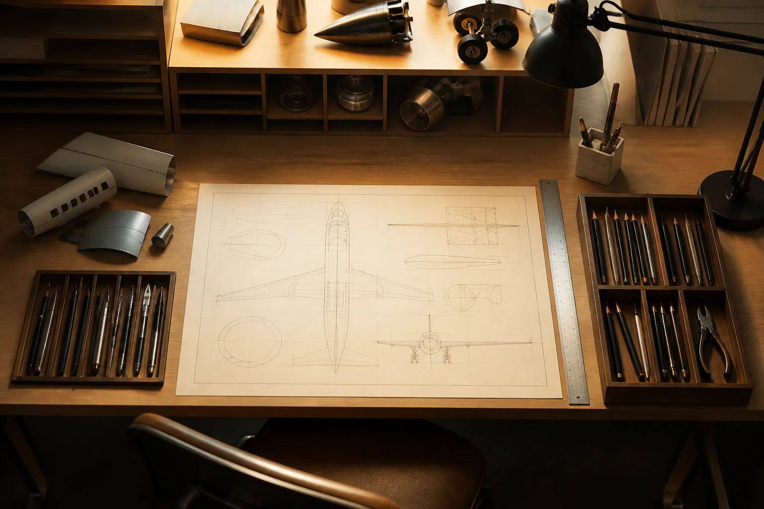 Bureau de maquettiste avec plans pièces d’avion et outils rangés