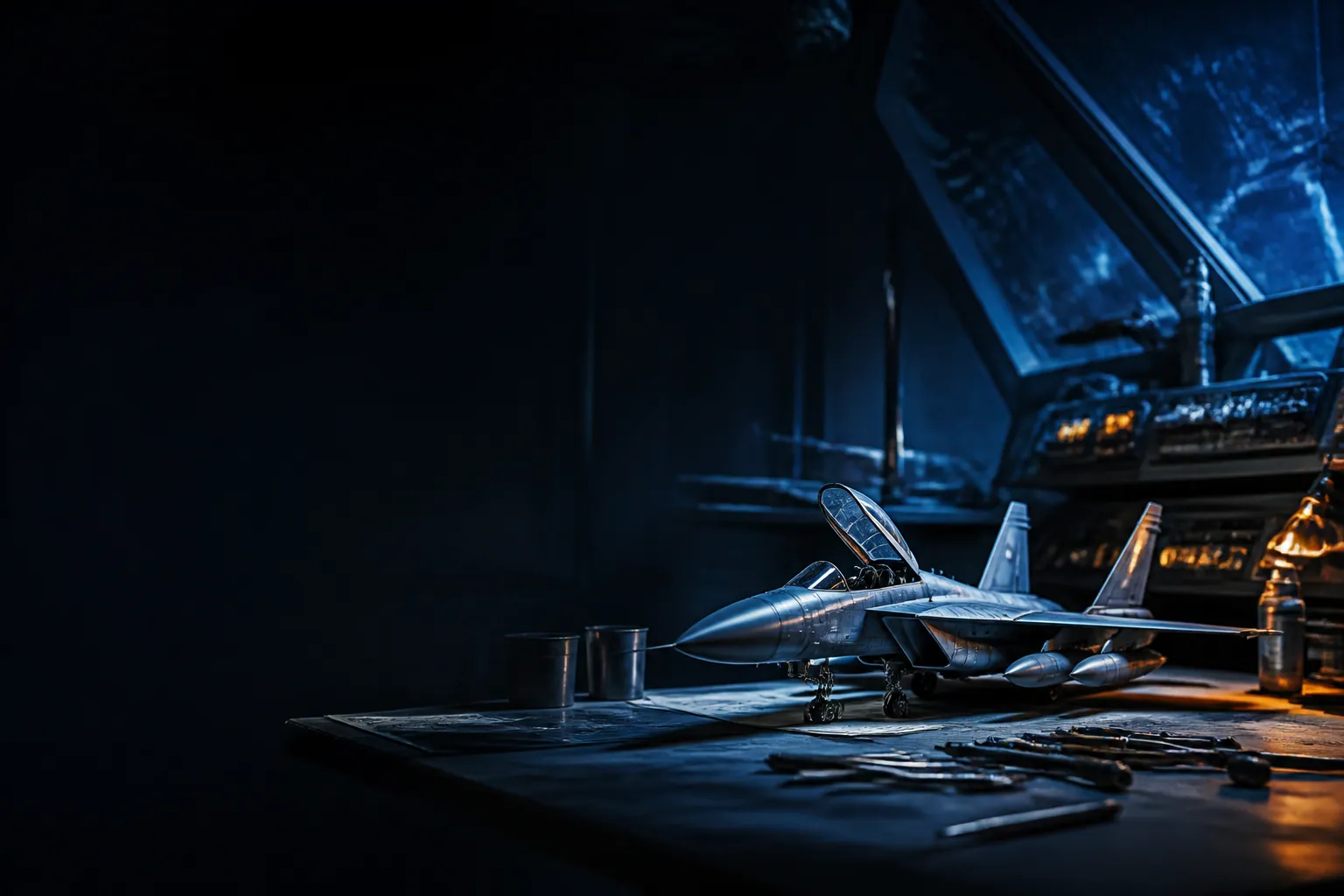 Maquette d’avion détaillée posée sur une table de montage évoquant un poste de pilotage