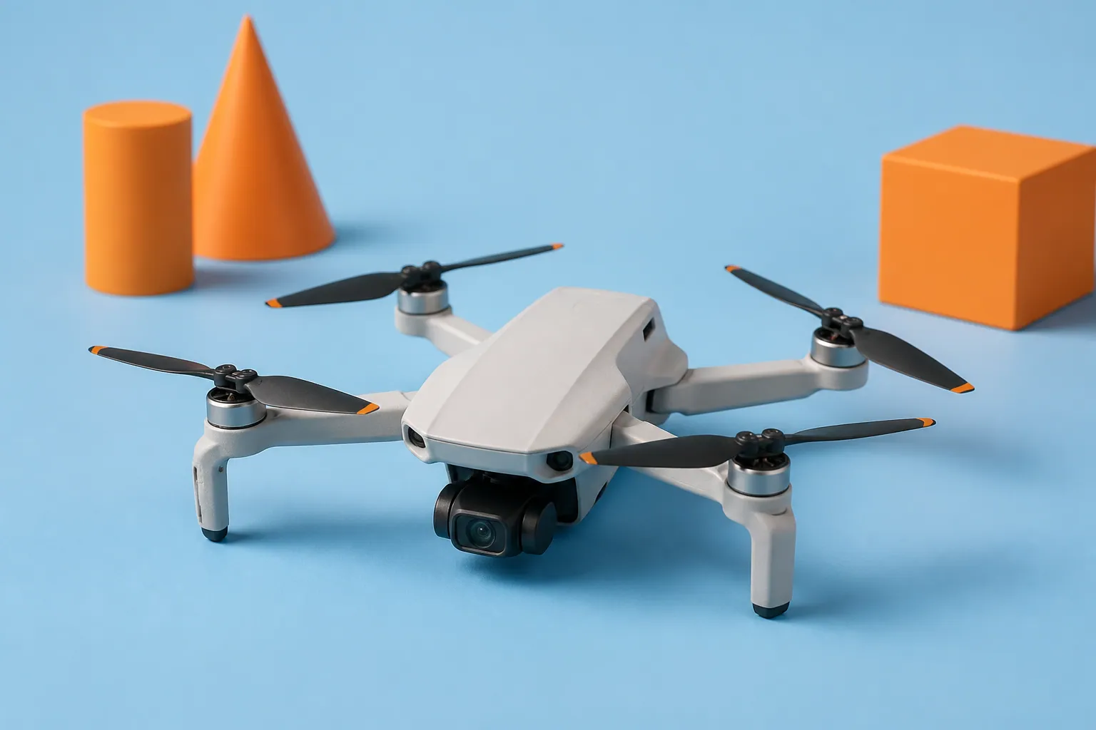Modèle réduit de drone à quatre rotors installé sur une surface bleu clair