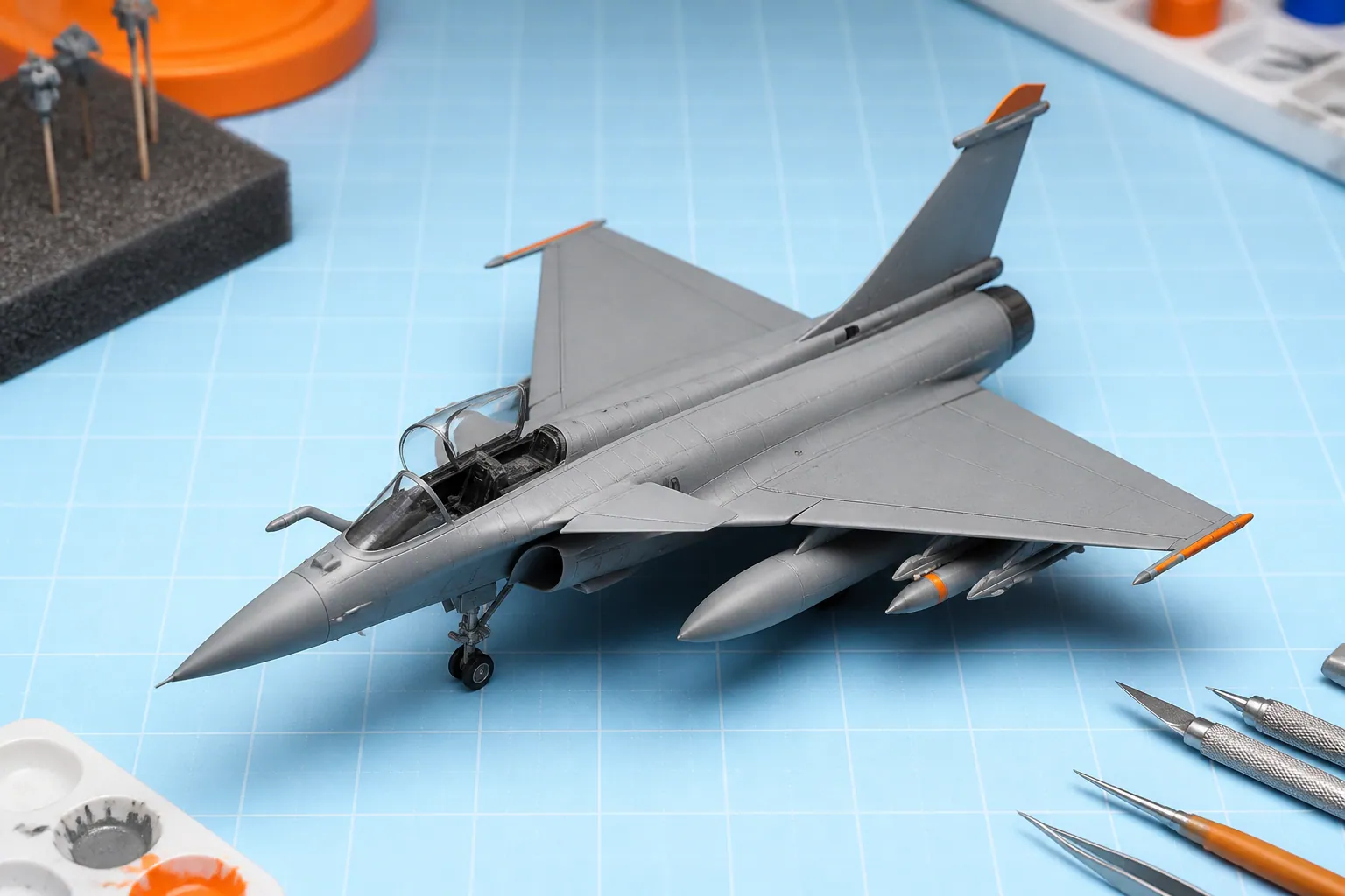 Maquette de jet gris aux détails fins présentée sur un plan de travail