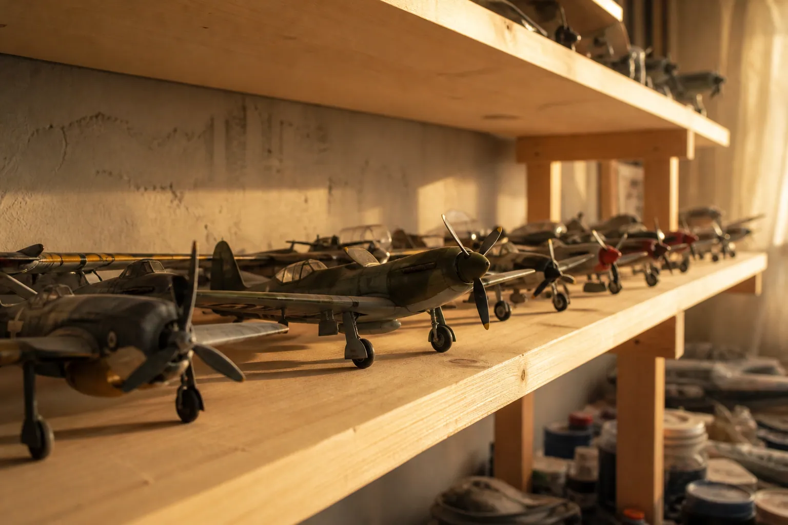 Collection de maquettes d’avions soigneusement alignées sur une étagère d’atelier