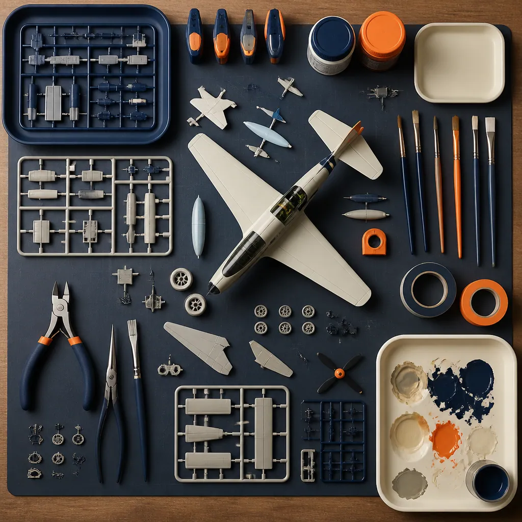Pinces pinceaux pièces de maquette et petits outils organisés sur un établi
