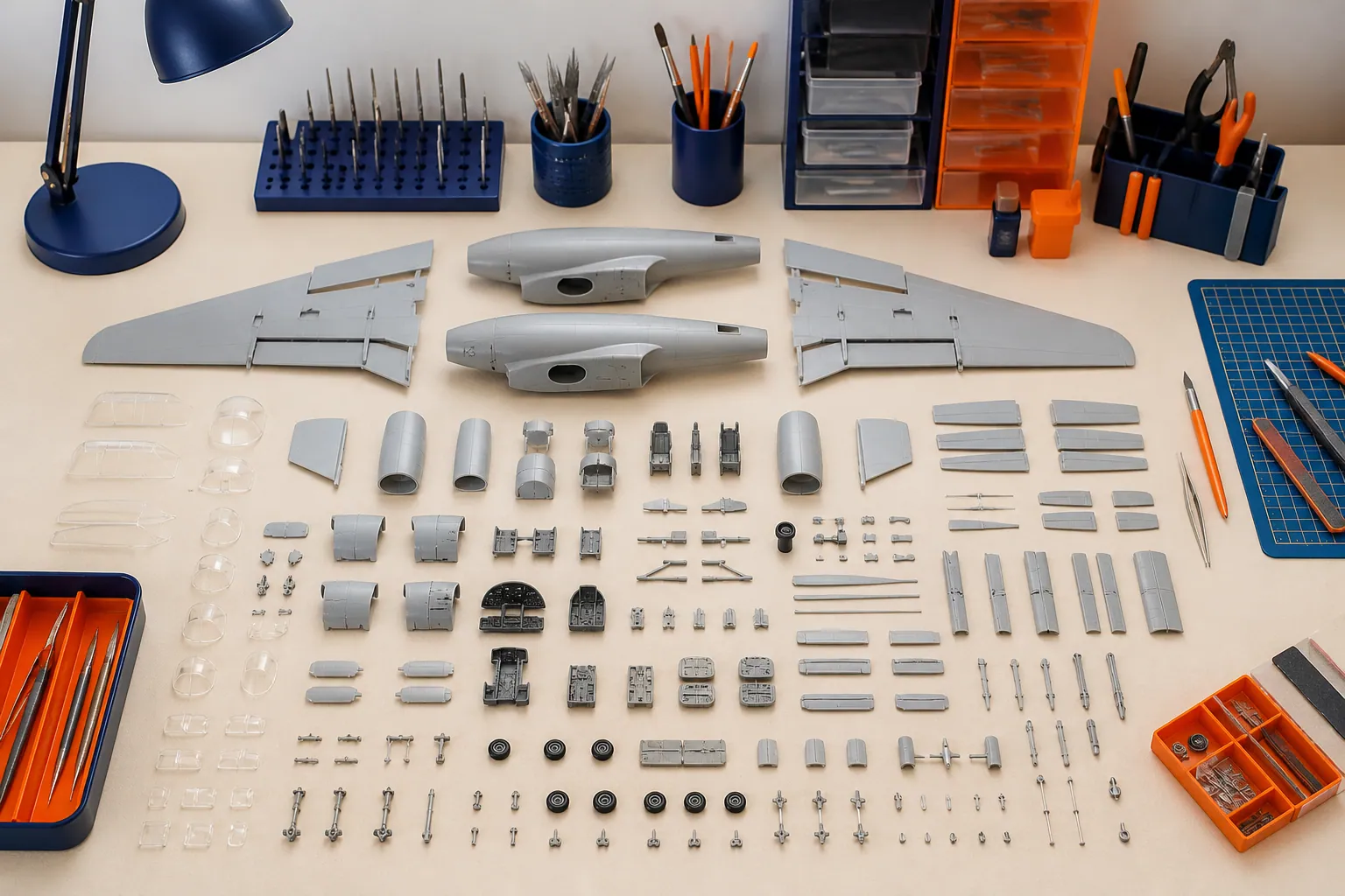 Pièces de maquette aéronautique organisées avec précision avant assemblage