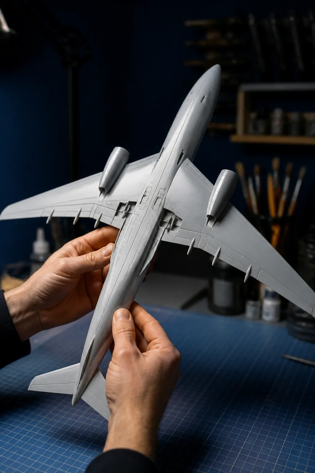 Grande maquette d’avion en cours de préparation tenue verticalement dans un atelier