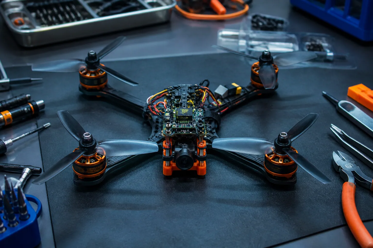 Drone miniature technique avec rotors et composants visibles sur un établi